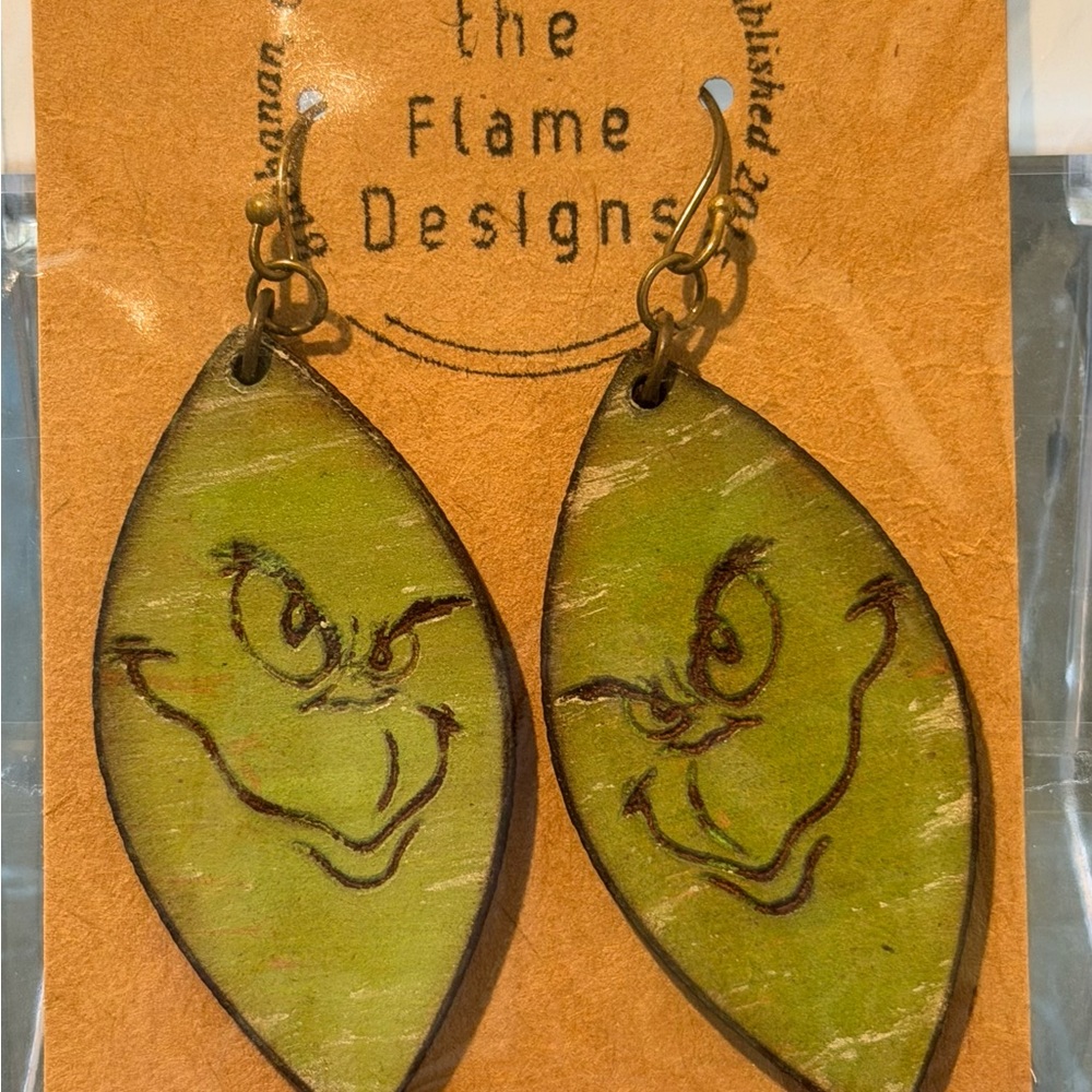 Green Grinch Face Wooden Drop Earrings